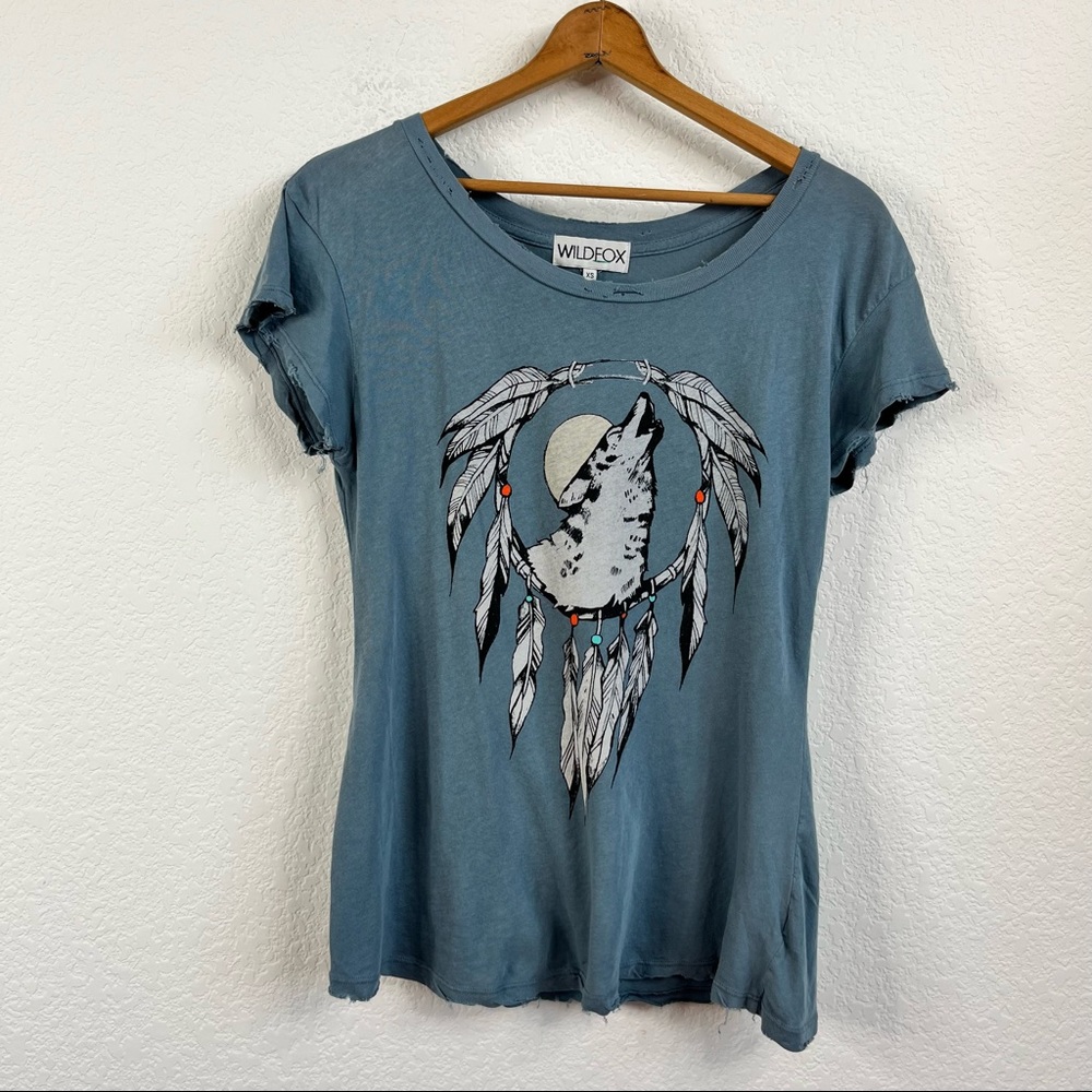 Wildfox Wolf Howling Feather Ring Distressed Tee